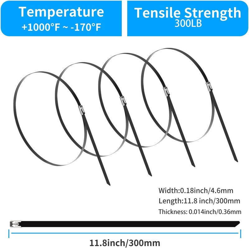 XINGO 11.8 Inch Metal Zip Ties (200 Pack), 304 Stainless Steel Heavy Duty Zip Ties, 300lbs Tensile Strength, Multi-Purpose Self-locking Cable Ties for Exhaust Wrap, Outdoor and Canopy Etc - Image 2